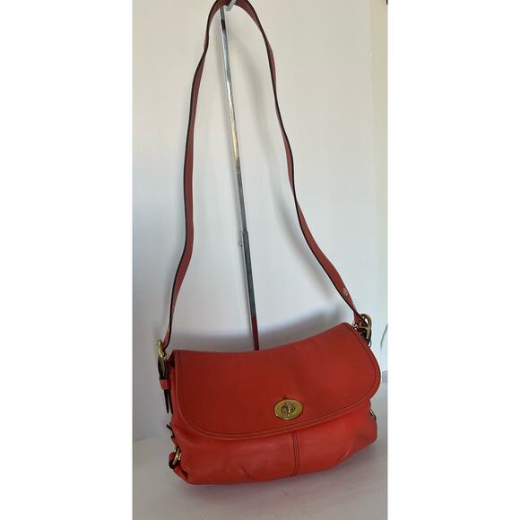 COACH Orange Z Leather Crossbody Flap Duffle Tote Bag Turnlock - Picture 1 of 13